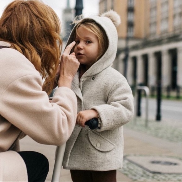 Zara Baby Herringbone Pompom Coat 3-4y NWT